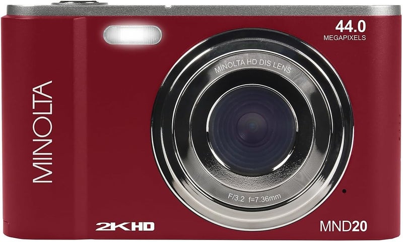 Minolta كاميرا رقمية MND20 بدقة 44 ميجابكسل – فيديو بدقة 2.7K Ultra HD، زوم رقمي 16X، تثبيت مضاد للاهتزاز، تصوير زمني، كشف الوجوه، شاشة LCD بحجم 2.9 بوصة – كاميرا خفيفة الوزن ومضغوطة (أحمر) - Image 1